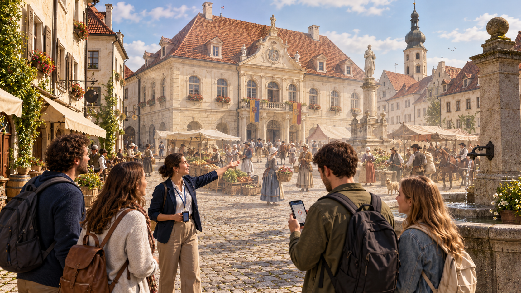 Concept illustration of visitors encountering the past in a historic square