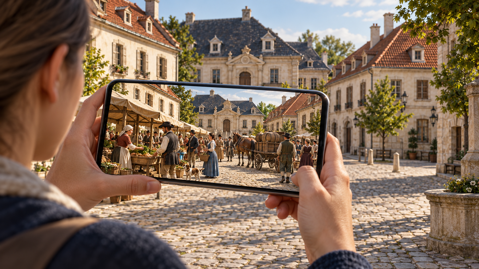 Concept illustration of a visitor looking into the everyday life of a historical marketplace
