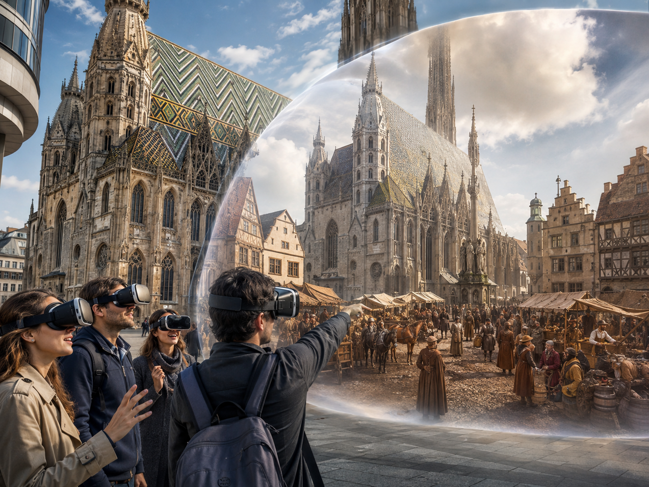 Concept illustration of visitors experiencing a historical marketplace in a present-day square